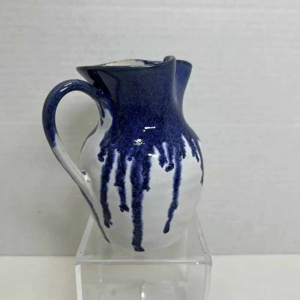 Vtg Holly Hill Pottery Seagrove NC Cream Pitcher Blue Drip Glaze Over White ARB